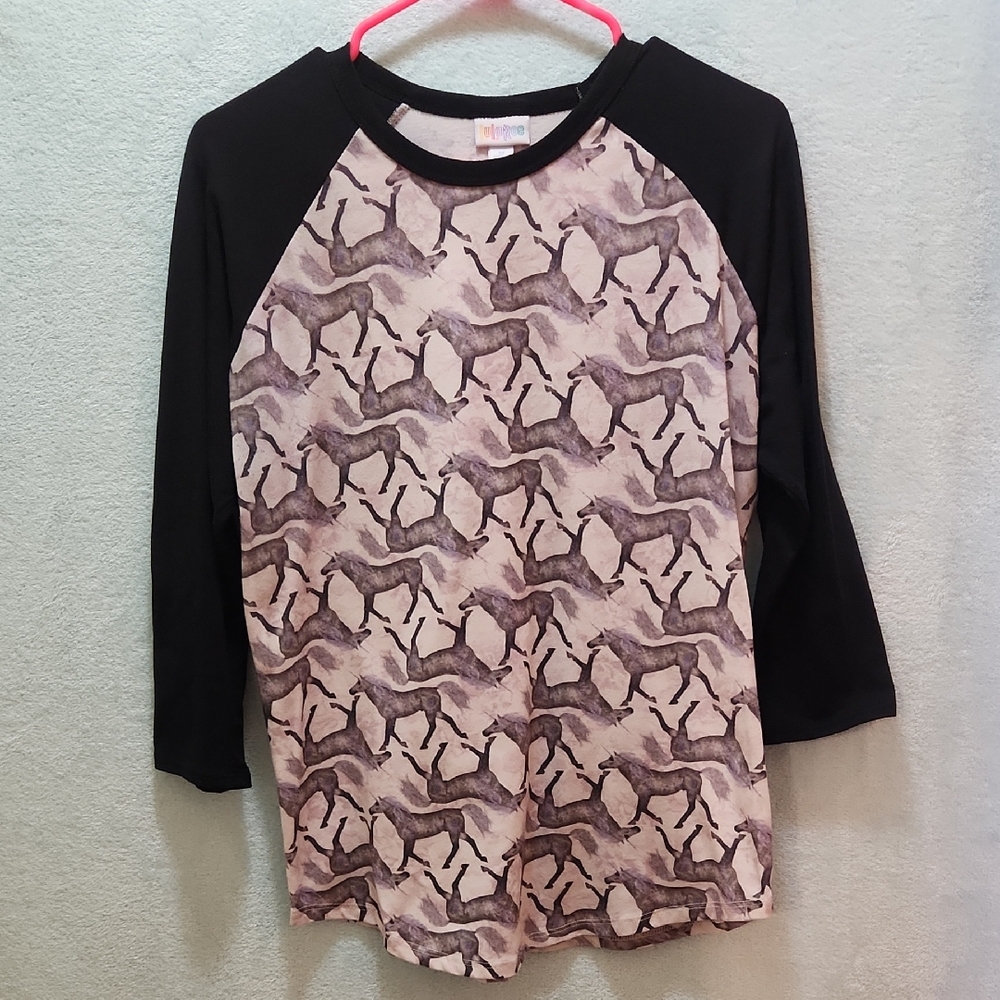 LuLaRoe Black and Cream Horse Print Long Sleeve Top